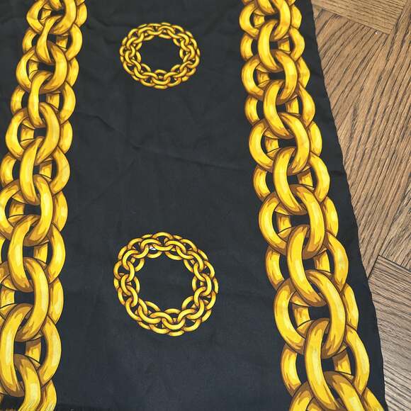 PALOMA PICASSO Large Twill Silk Scarf Chains Black Gold 68” X 33” fringe - Picture 2 of 5